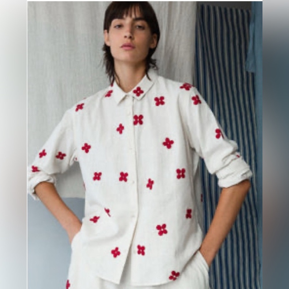 Caron Callahan White Button-Up Shirt with Red Floral Embroidery